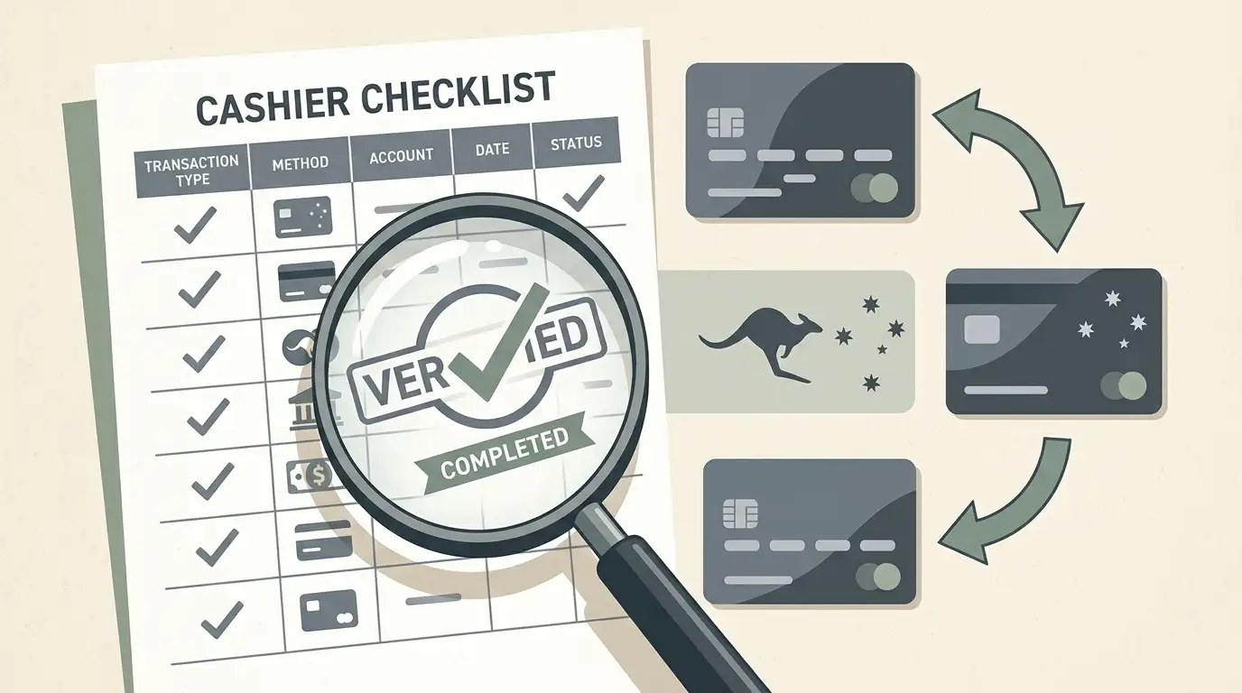 Editorial illustration of an AUD payment and withdrawal verification checklist