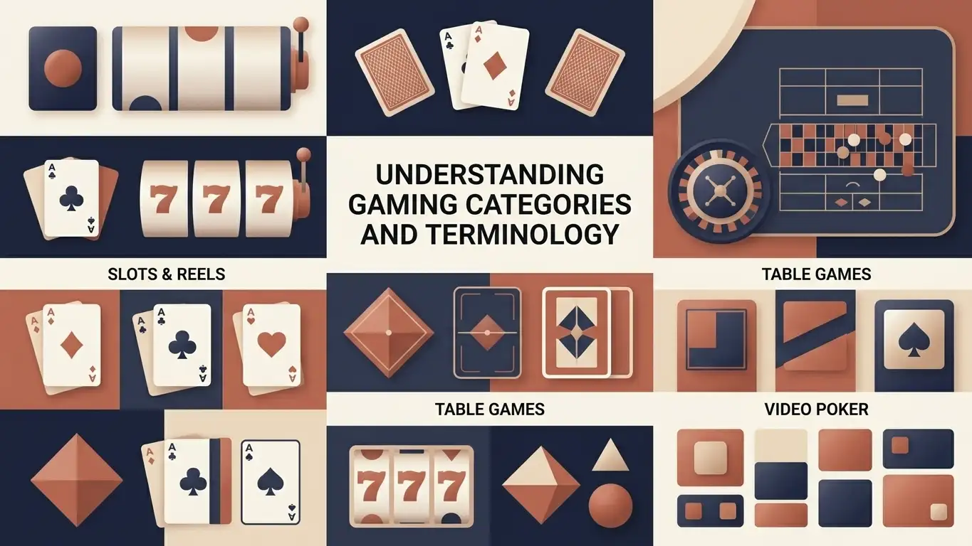 Editorial illustration of casino game categories and Australian pokies terminology