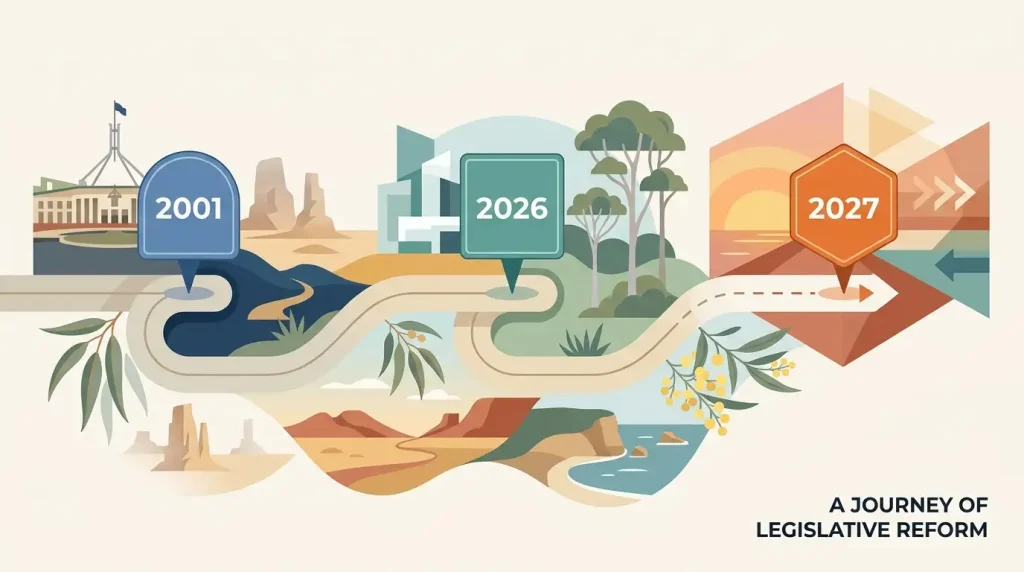 Illustration of an Australian gambling law timeline from 2001 through 2026 to 2027